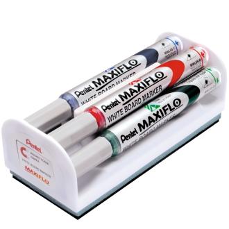 Набор маркеров для доски, пулевидный, 4мм, 4 цвета+магн.губка, Pentel Maxiflo MWL5S-4N - Officedom (1)