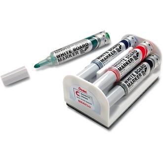 Набор маркеров для доски, пулевидный, 4мм, 4 цвета+магн.губка, Pentel Maxiflo MWL5S-4N - Officedom (4)