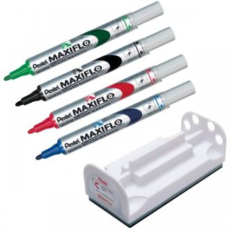 Набор маркеров для доски, пулевидный, 4мм, 4 цвета+магн.губка, Pentel Maxiflo MWL5S-4N - Officedom (3)