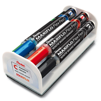 Набор маркеров для доски, кисть, 1-5мм, 4 цвета+магн.губка, Pentel Maxiflo Flex-Feel MWL5SBF-4N - Officedom (1)