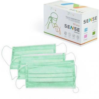 Маска медицинская одноразовая, 3-сл., на резинках, 50 шт, зеленый, картонная упаковка, SENSE - Officedom (1)